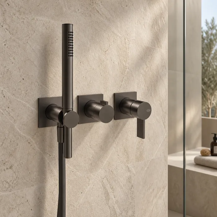 Cантехника Gessi Inverso Rigato Внешняя часть настенного смесителя для душа на 2 выхода с перекл и ручным душем