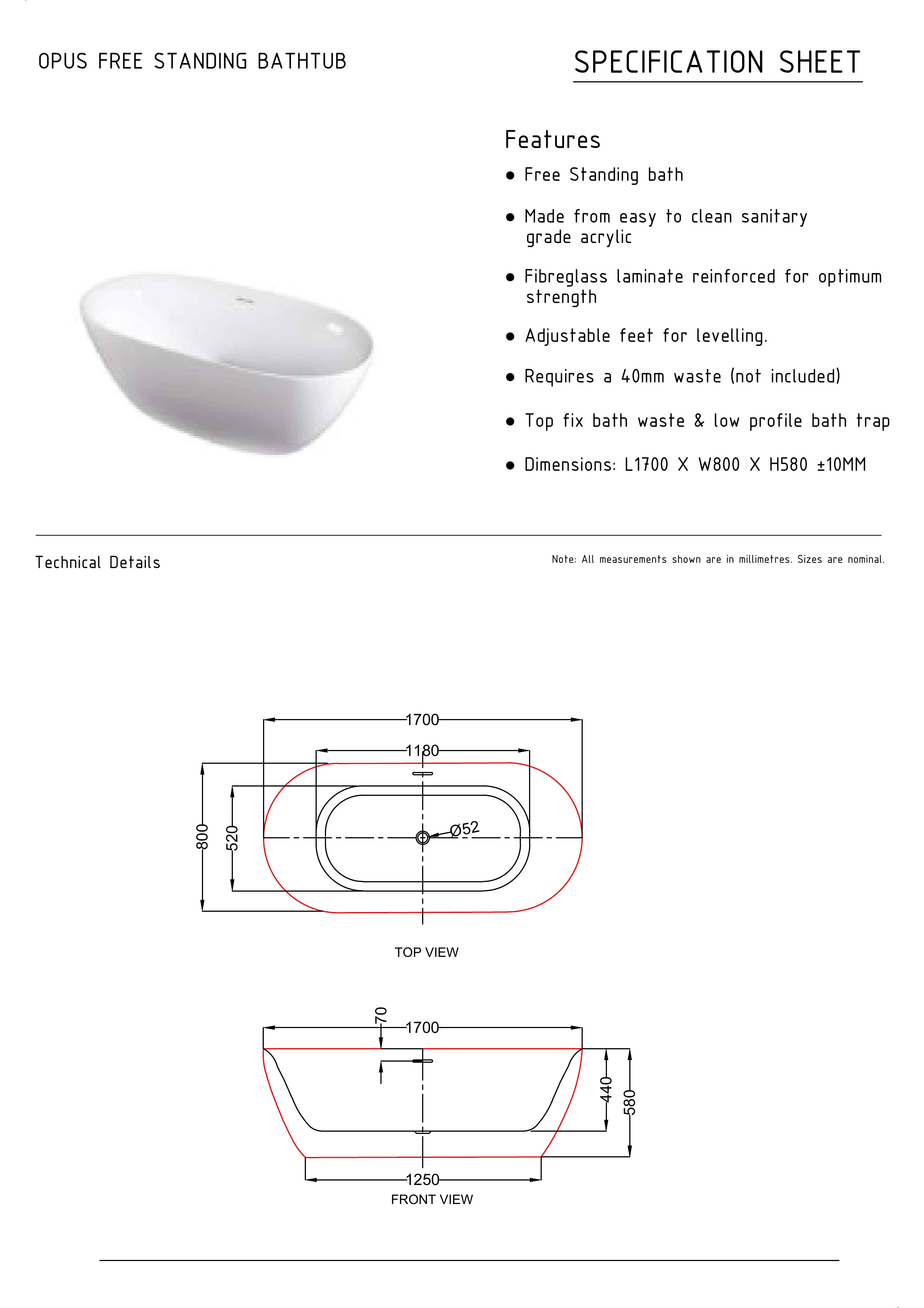 Ванна OPUS акриловая отдельностоящая 170x80x58H, щелевой перелив