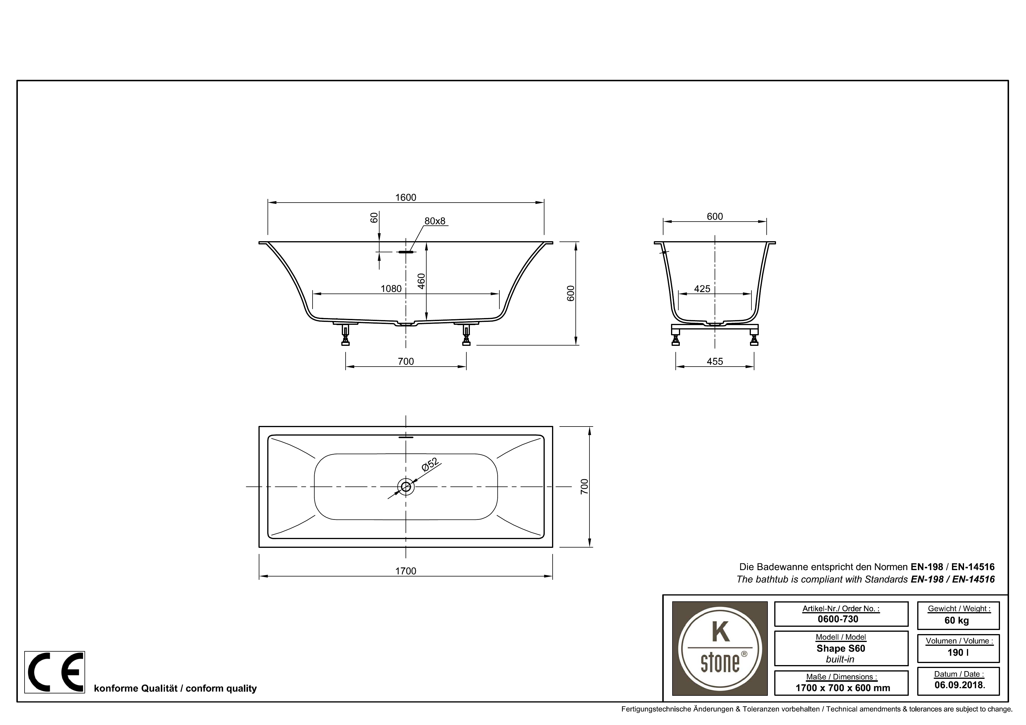 Ванна Shape встраиваемая, 170x70xH60cм, с щелевым сливом переливом click-clack, ножки в комплекте