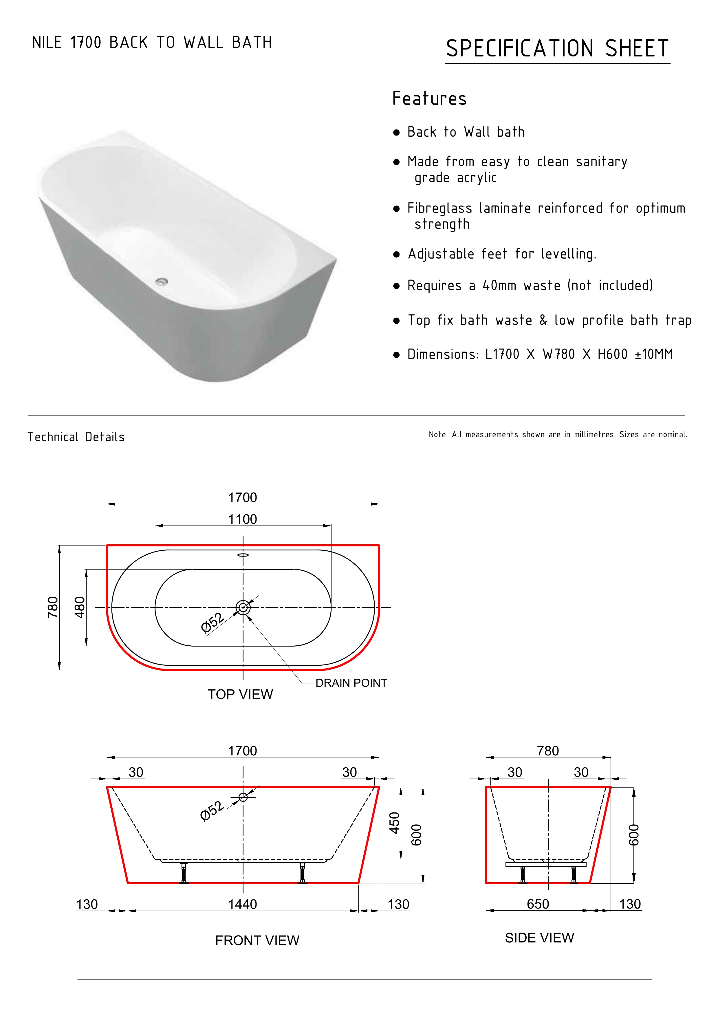 Ванна NILE WALL акриловая отдельностоящая 170x78x60H, щелевой перелив