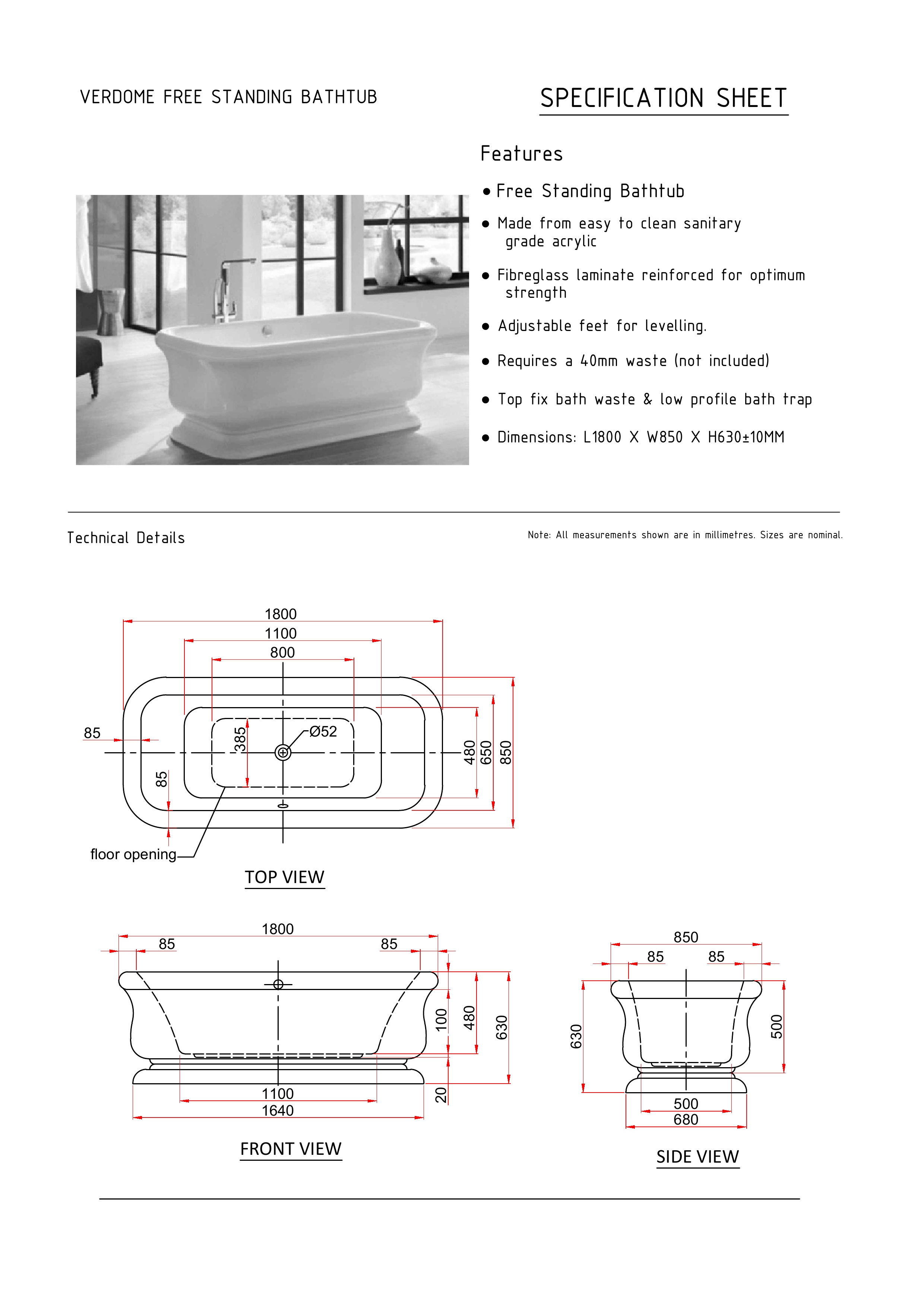 Ванна VERDOME акриловая отдельностоящая 180x85x63H, щелевой перелив