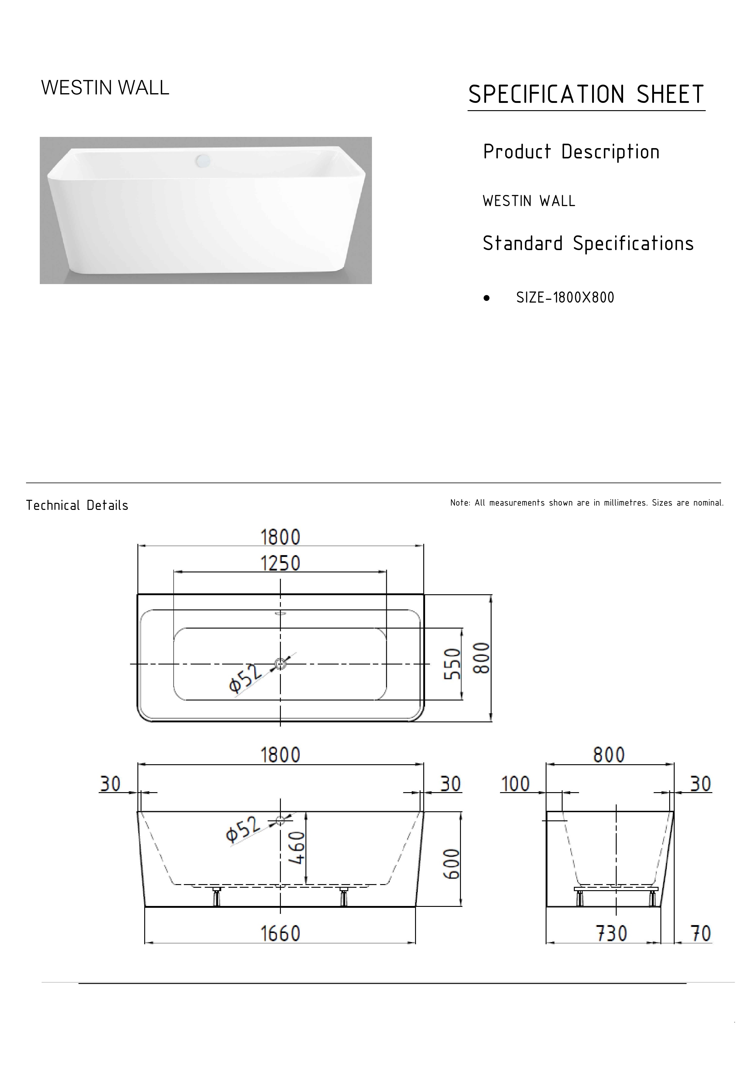 Ванна WESTIN THIN WALL акриловая отдельностоящая 180x80x60H, щелевой перелив
