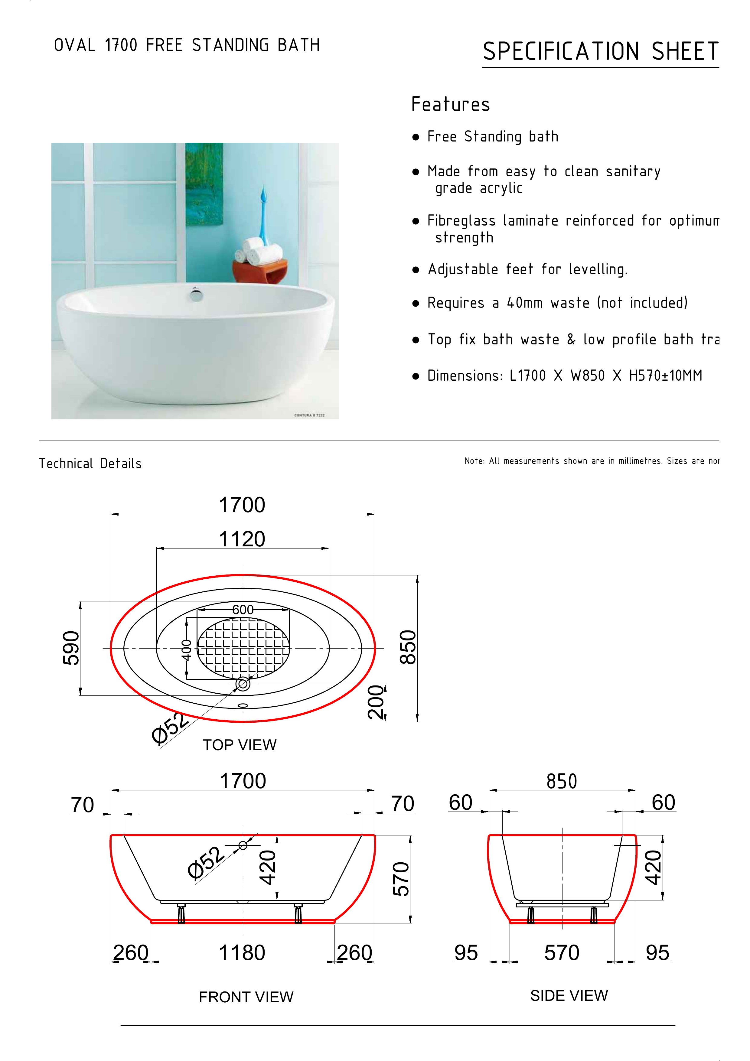 Ванна OVAL акриловая отдельностоящая 170x85x63H, щелевой перелив