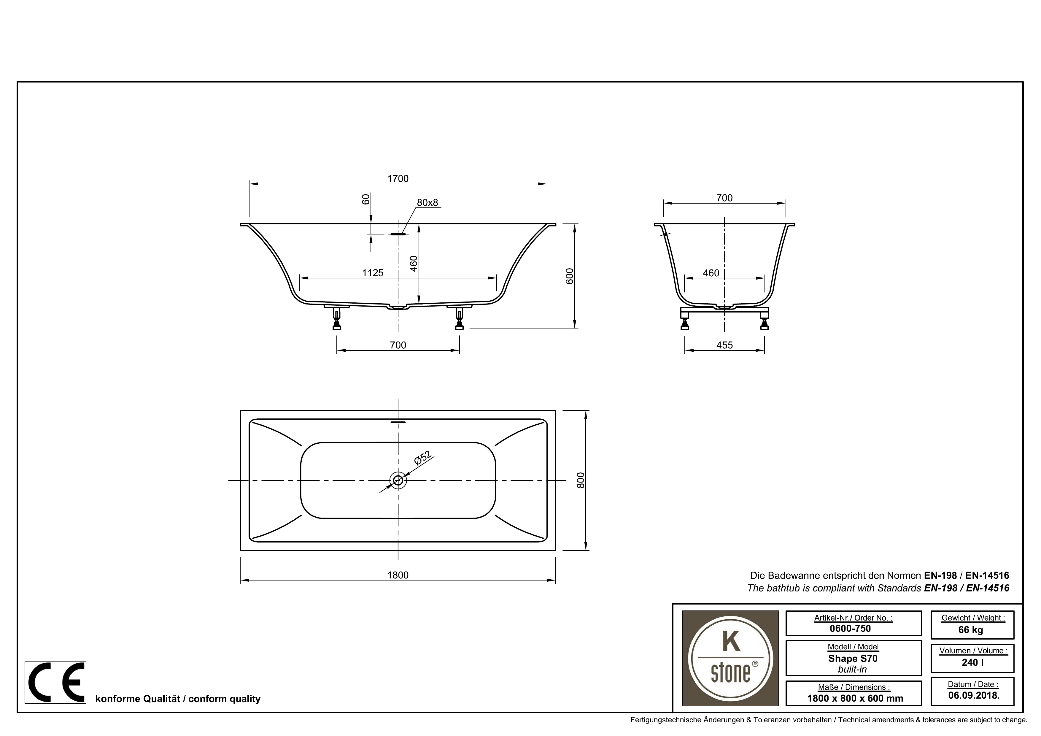 Ванна Shape встраиваемая, 180x80xH60cм, с щелевым сливом переливом click-clack, ножки в комплекте