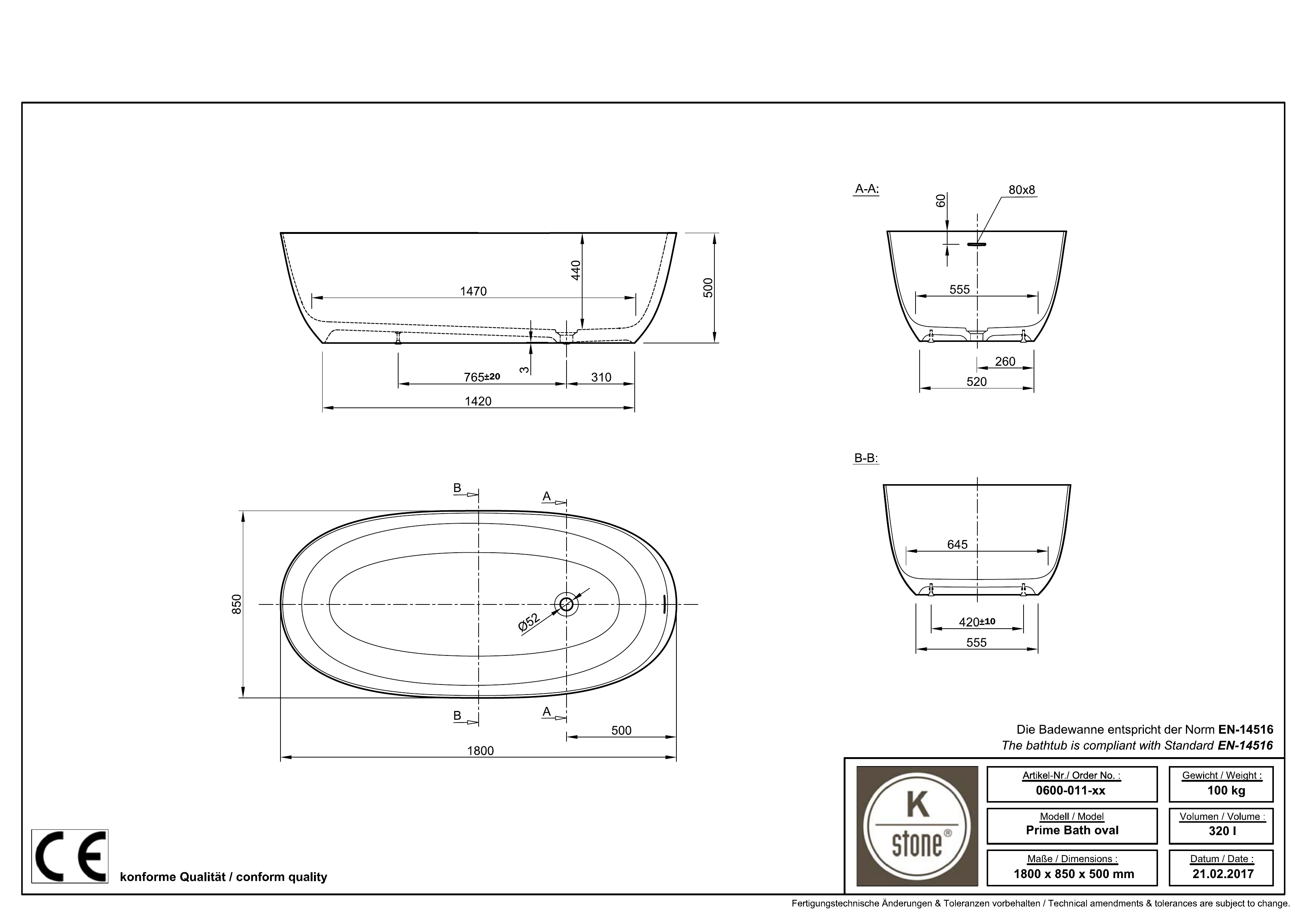 Ванна PRIME OVAL отдельностоящая, 180x85x50Hсм, с щелевым сливом переливом click-clack