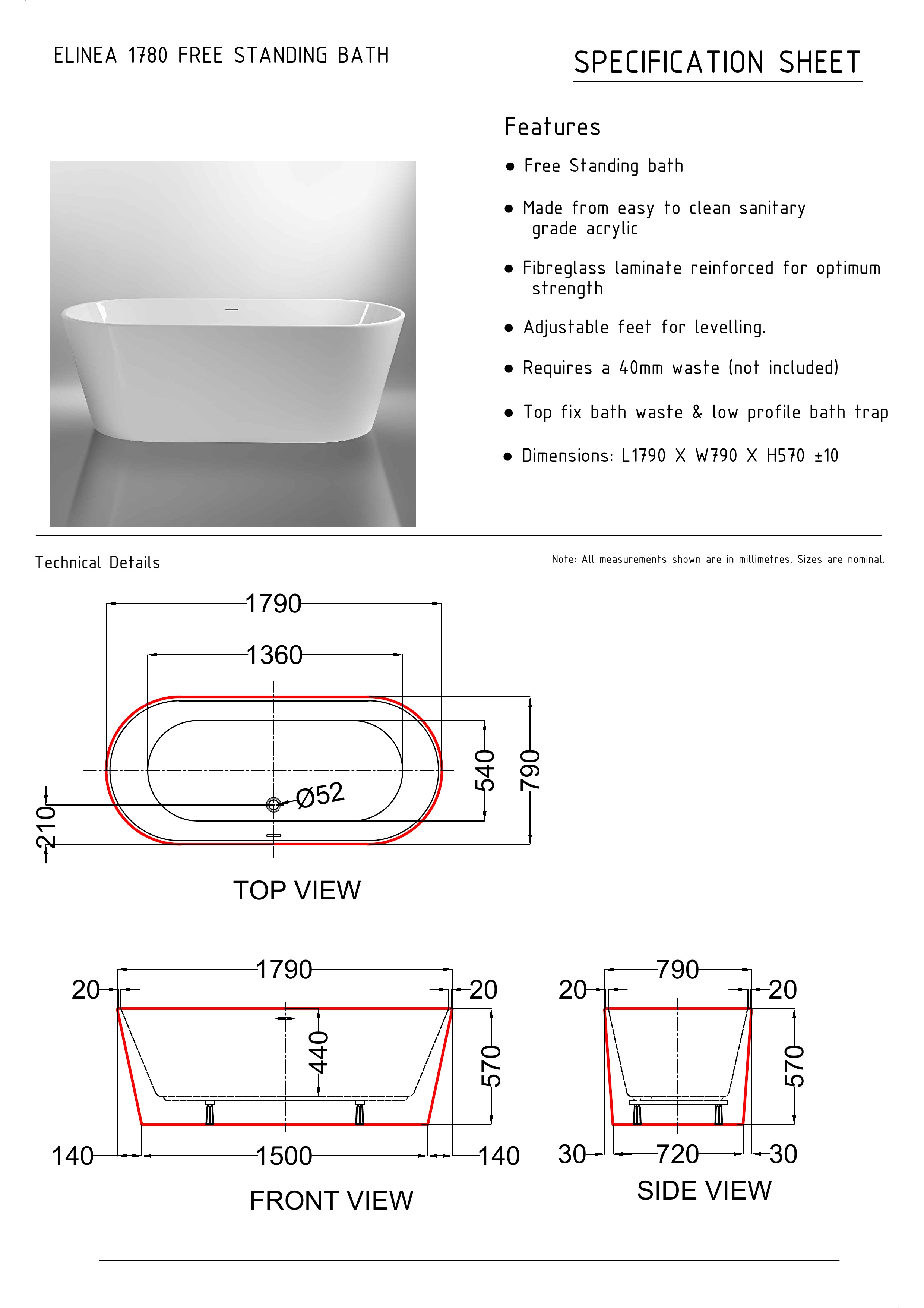 Ванна ELINEA акриловая отдельностоящая 178x80x56H, щелевой перелив