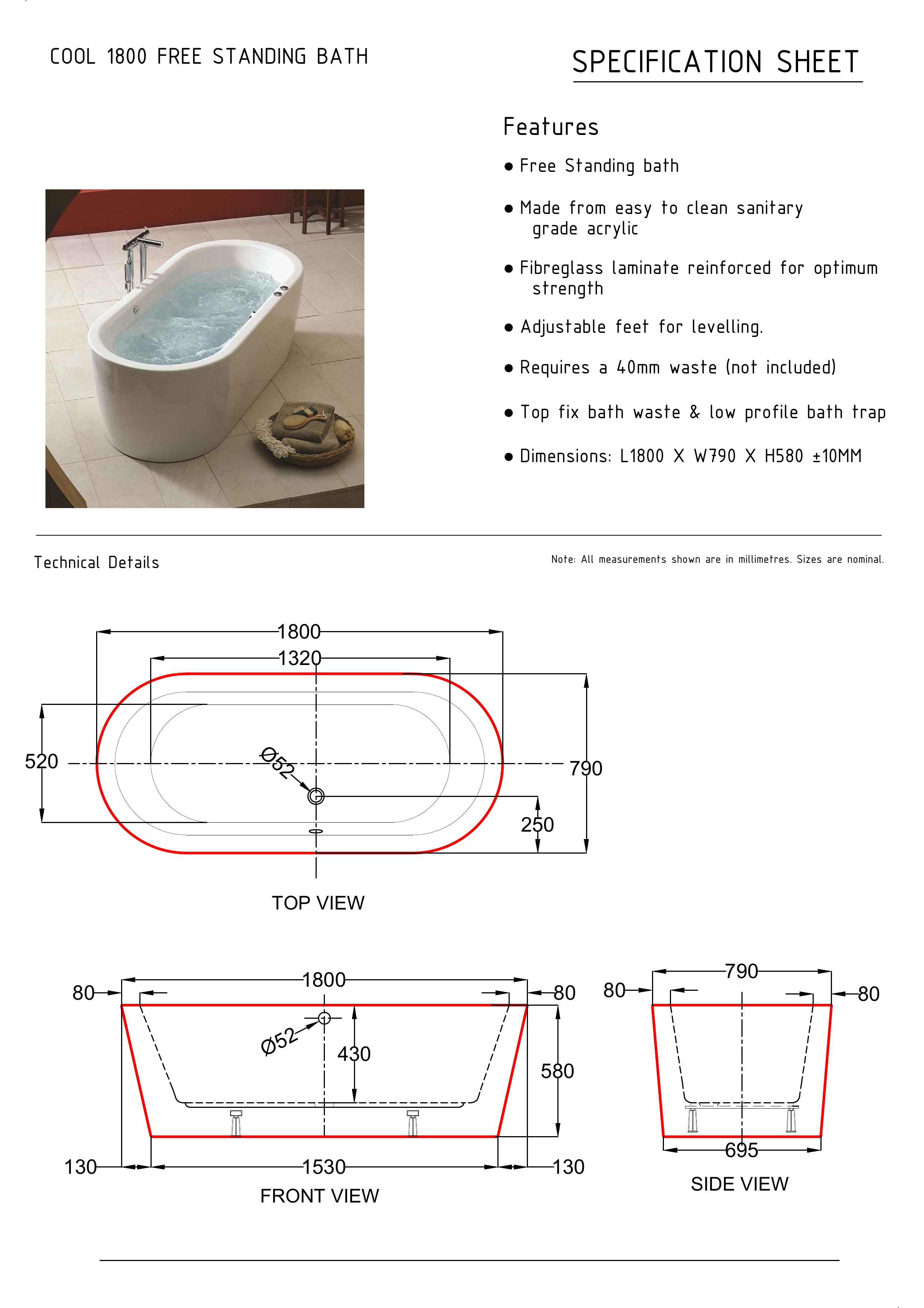 Ванна COOL акриловая отдельностоящая 180x80x62H, щелевой перелив